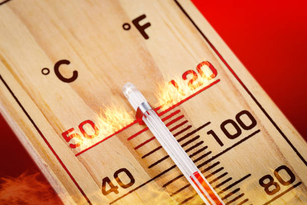 Close-up wooden thermometer scale 40 Degrees. Hot summer day. stock photo