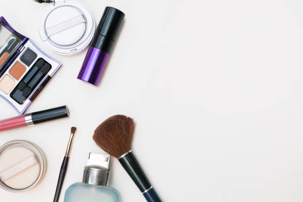istock Close up of makeup cosmetic set stuff. top view 843096318
