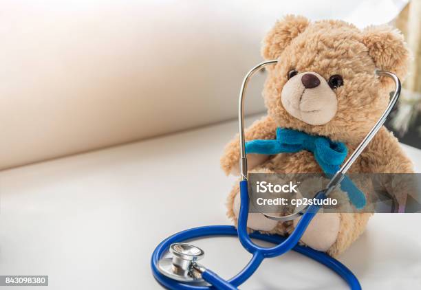 Children Doctor Concept Teddy Bear With Stethoscope Copy Space Stock Photo - Download Image Now