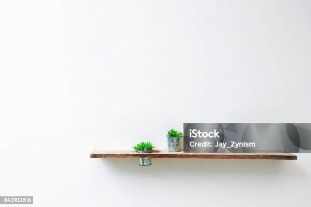 Wooden Shelf And Green Plant On White Concrete Wall Stock Photo - Download Image Now
