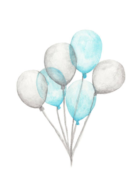 ilustraciones, imágenes clip art, dibujos animados e iconos de stock de globos de aire acuarela. mano dibujada pack de globos de fiesta azul y blanco aislado sobre fondo blanco. arte objeto de felicitación - mid air balloon gray decoration