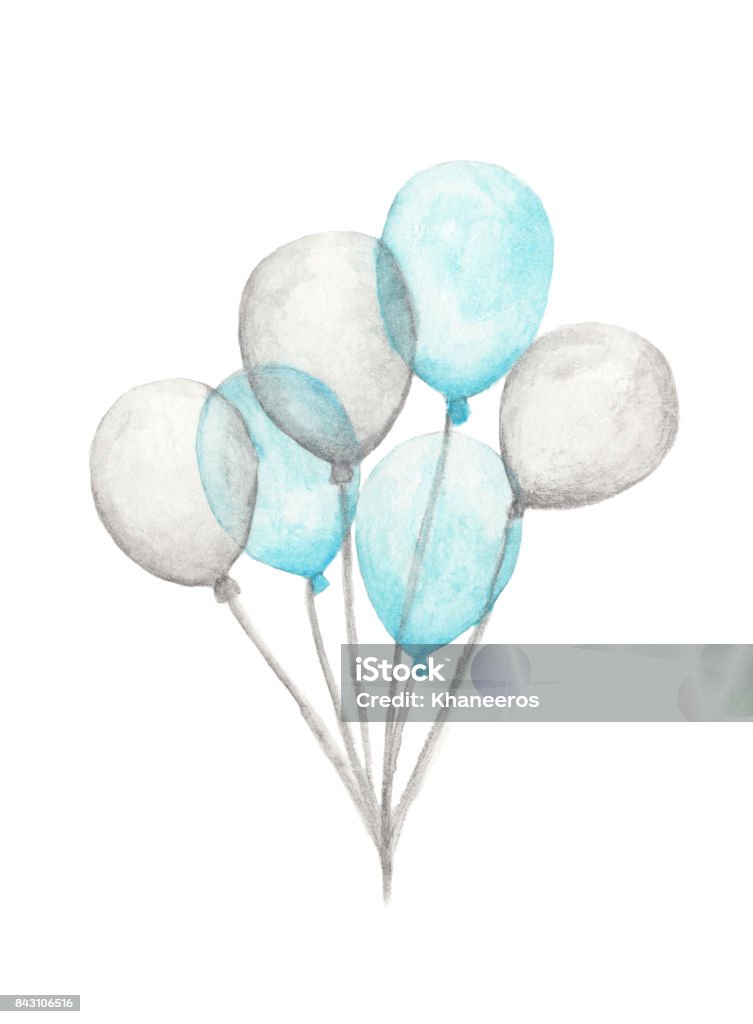 Watercolor air balloons. Hand drawn pack of party blue and white balloons isolated on white background. Greeting object art Hot Air Balloon stock illustration