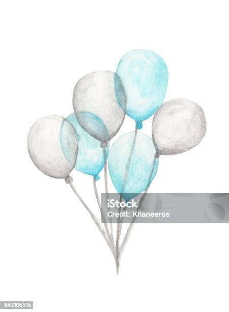 Watercolor Air Balloons Hand Drawn Pack Of Party Blue And White Balloons Isolated On White Background Greeting Object Art Stock Illustration - Download Image Now