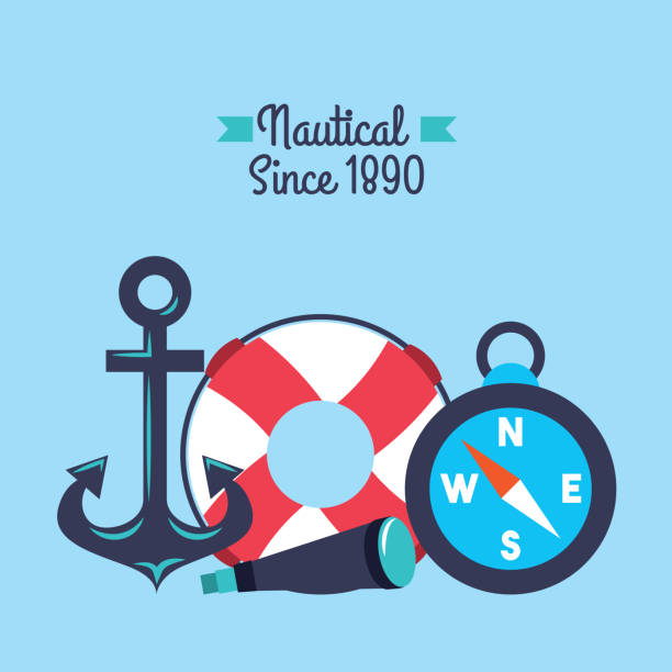 nautical anchor lifebouy spyglass compass symbols nautical anchor lifebouy spyglass compass symbols vector illustration lifebouy stock illustrations
