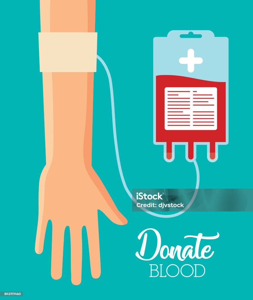 donation blood design hand with blood bag over blue background. donate blood concept. colorful design. vector illustration Altruism stock vector