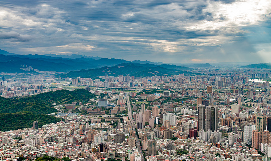 Downtown Taipei, the capital city of Taiwan, seen from a helicopter during the afternoon.