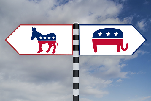 Render illustration of Democrat-Republican icons on road sign