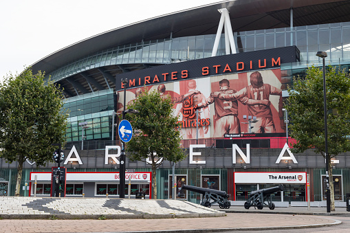 London, United Kingdom - 3 September 2017: View of the front entrance of the Arsenal Emirates Football Stadium.