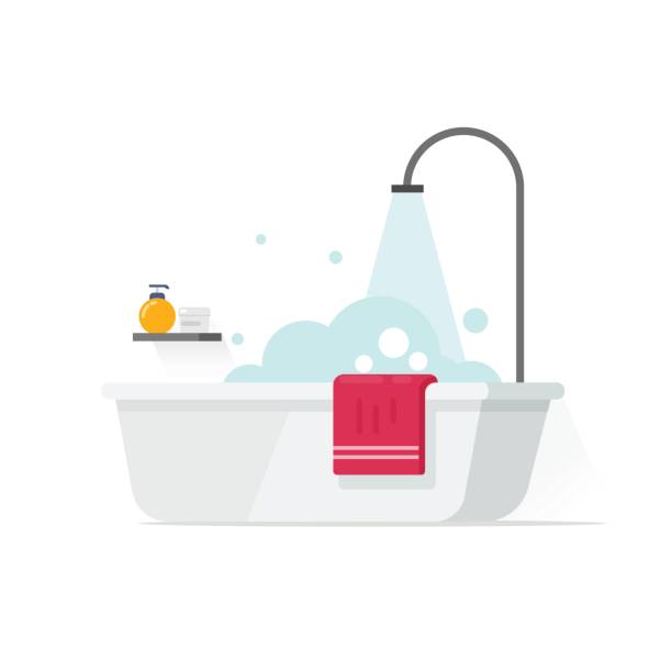 ilustrações, clipart, desenhos animados e ícones de banheira com bolhas de espuma e ilustração vetorial de chuveiro isolado na ideia de banheiro branco, plana dos desenhos animados - bathtub