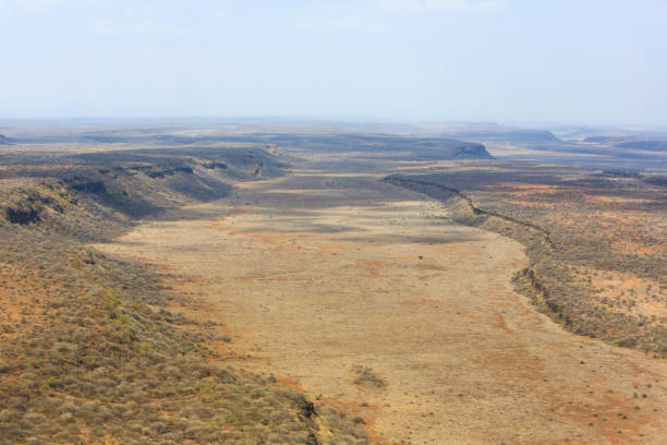 Aerial view of the Great Rift valley, Kenya Aerial view of the Great Rift valley, Kenya. The Great Rift Valley is part of an intra-continental ridge system that runs through Kenya from north to south. It is within the eastern branch of the East African Rift, which goes from southern Tanzania to Ethiopia. The valley contains a chain of volcanoes, some of which are still active, and many lakes such as the Turkana, Baringo, Bogoria, Nakuru, Magadi and Natron. Most the lakes are shallow, poorly drained and alkaline, thus very rich in blue-green algae, which feed insects, small crustaceans and massive flocks of lesser flamingos (Phoenicoparrus minor). Altogether it forms a very peculiar mineral and colour-rich landscape. Currently the area is inhabited by the Maasai tribes, but the relics of many hominids have been found in the escarpments. lake bogoria stock pictures, royalty-free photos & images