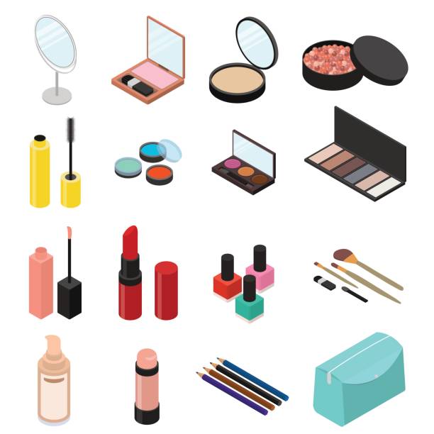 zestaw produktów kosmetycznych widok izometryczny. wektor - make up brush make up fashion equipment stock illustrations