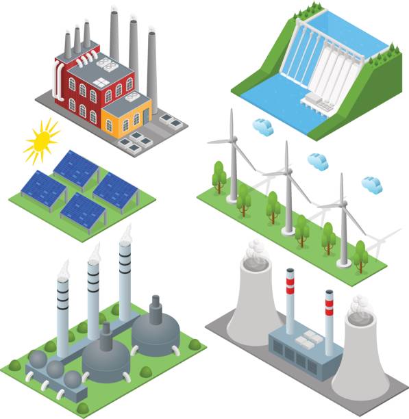 ilustrações, clipart, desenhos animados e ícones de recursos renováveis e estação de energia de energia tradicional conjunto vista isométrica. vector - isometric natural gas power station nuclear reactor