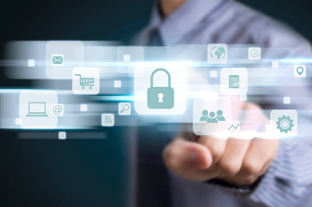 istock Businessman hand pressing button Data Protection. sign on virtual screen. business security concept. 843134562