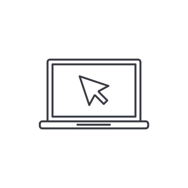 komputer przenośny, notebook i kursor kliknij ikonę cienkiej linii. liniowy symbol wektora - laptop stock illustrations