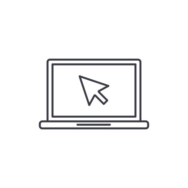 laptop computer, notebook and cursor click thin line icon. Linear vector symbol laptop computer, notebook and cursor click thin line icon. Linear vector illustration. Pictogram isolated on white background clicking screen stock illustrations