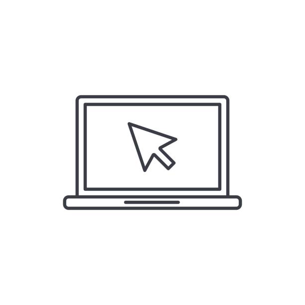 laptop computer, notebook and cursor click thin line icon. Linear vector symbol vector art illustration