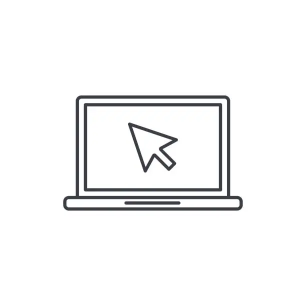 Vector illustration of laptop computer, notebook and cursor click thin line icon. Linear vector symbol