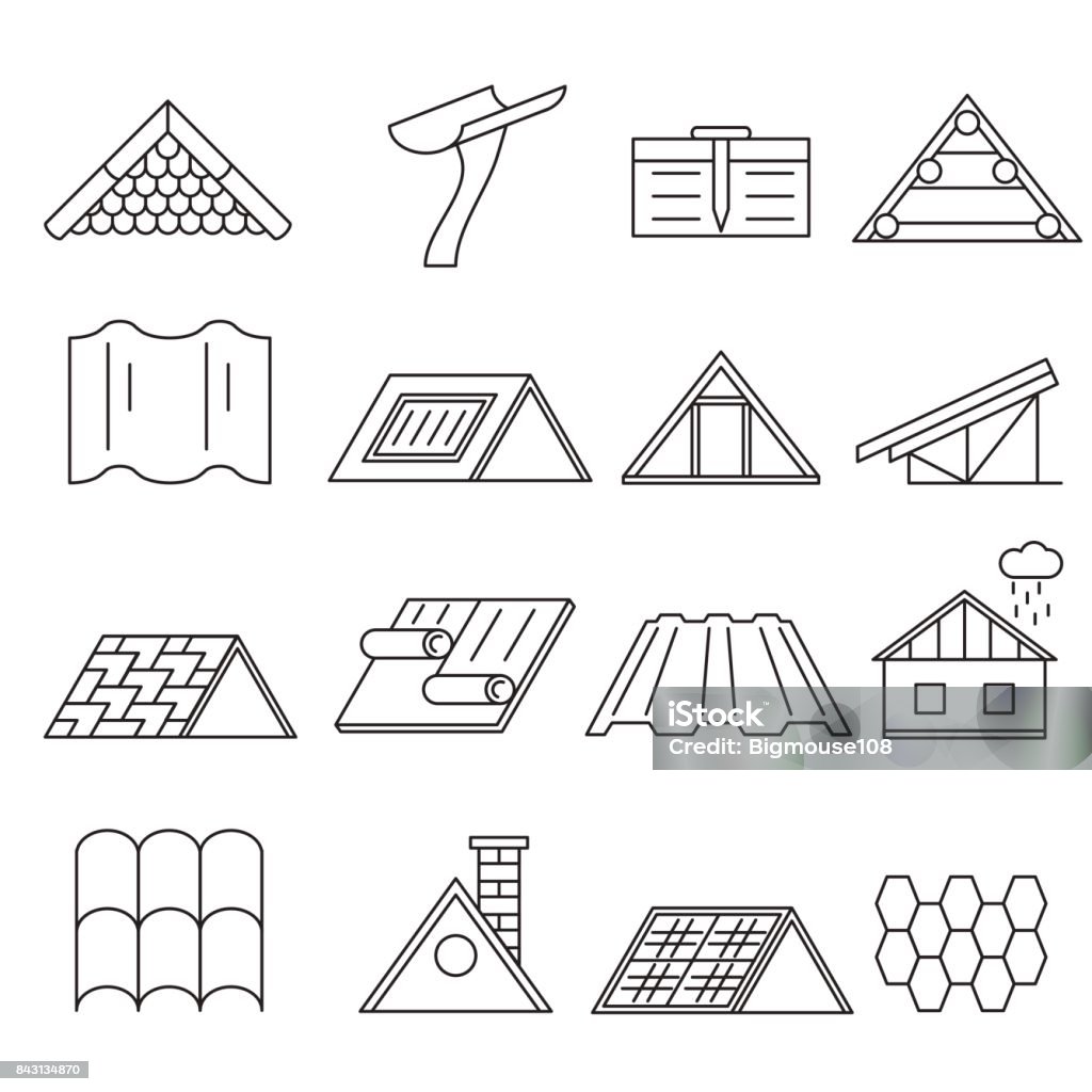 Concept House Roof Construction Thin Line Icon Set. Vector Concept House Roof Construction and Element Thin Line Icon Set for Web and App. Vector illustration of Home Roofs Rooftop stock vector