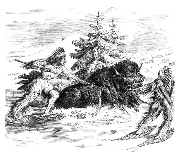 Native american hunting buffalo at winter 1863 Steel engraving of native american hunting buffalo at winter 1863 comanche indians stock illustrations