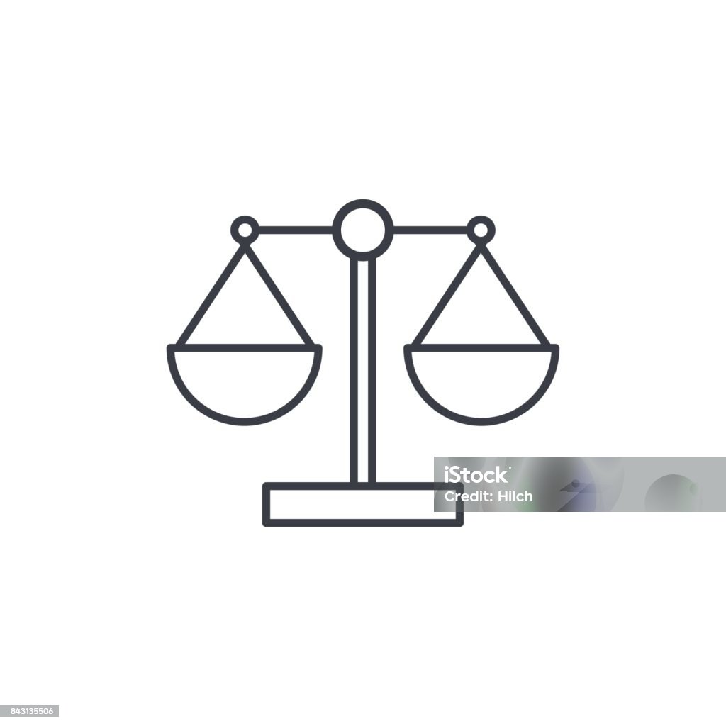 justice and law symbol, scales thin line icon. Linear vector symbol scale, justice, law, thin line icon. Linear vector illustration. Pictogram isolated on white background Weight Scale stock vector