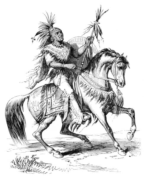 Native american chief riding horse 1863 Steel engraving of native american chief riding horse 1863 comanche indians stock illustrations