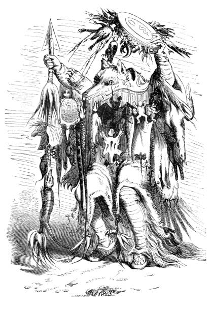 Native american shaman dancing 1863 Steel engraving of native american shaman dancing 1863 comanche indians stock illustrations