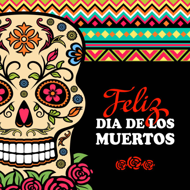 A Mexican celebration honoring the dead with sugar skull and Mexican pattern