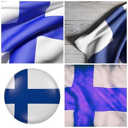 Composition of 3d rendering Republic of Finland flags