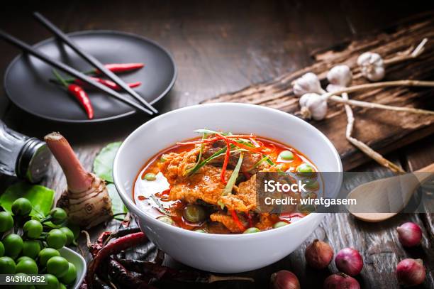 Red Curry With Pork And Coconut Milk Stock Photo - Download Image Now - Thai Food, Panang Curry, Table