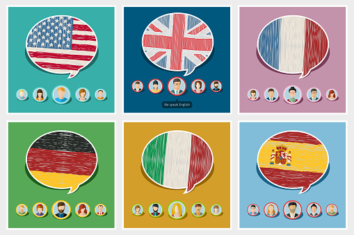 Concept of travel or studying languages. English, German, Spanish, Italian, French. Hand drawn flags in speech bubble with people icons. Flat design, vector illustration