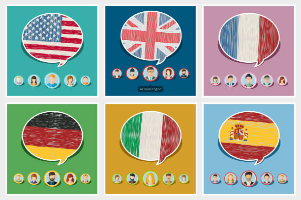 Concept of travel or studying languages. Concept of travel or studying languages. English, German, Spanish, Italian, French. Hand drawn flags in speech bubble with people icons. Flat design, vector illustration fife county stock illustrations