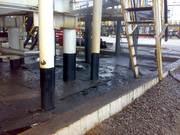 파이프라인 및 공정 장비 근처 모래 토양에 유출된 기름. 오일 누수 작업 및 복구 하는 동안. - oil slick pouring chemical oil 뉴스 사진 이미지