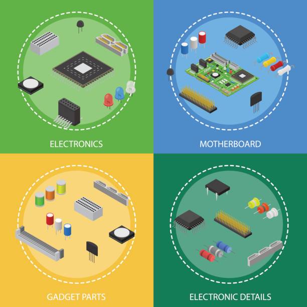 illustrations, cliparts, dessins animés et icônes de carte de circuit imprimé composant affiche ensemble isométrique d’ordinateurs découvre. vector - semiconductor industry