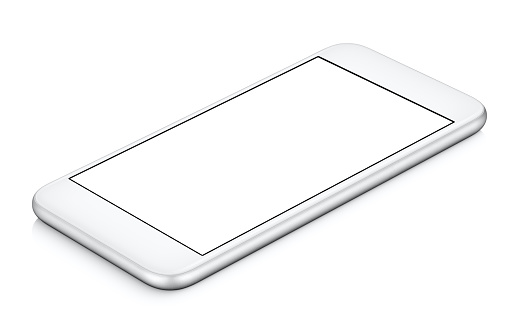 White mobile smartphone mockup clockwise rotated lies on the surface with blank screen isolated on white background, usable for your web project or design presentation.