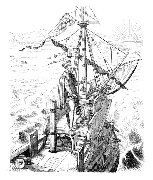 Steel engraving of Christopher Columbus on his ship Santa Maria before landing 12th October 1492 on the Bahamas