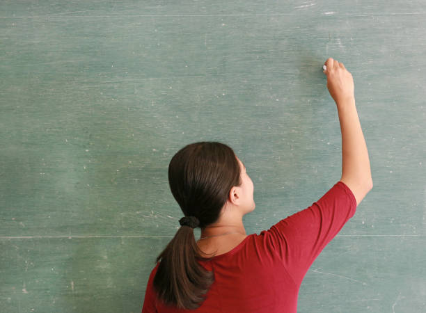 istock asian teacher writing on blackboard with chalk in classroom, Educations concept. 843152690