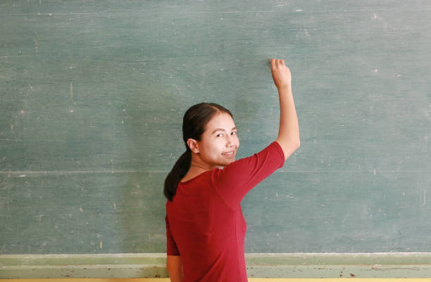 istock asian teacher writing on blackboard with chalk in classroom, Educations concept. 843154788