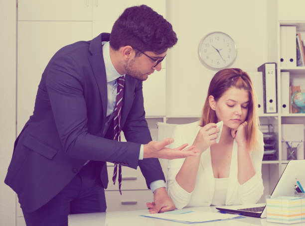 istock Angry boss blowing up female 843155060