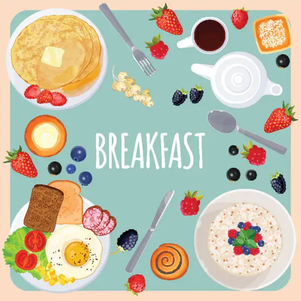 Vector illustration of Breakfast table with food isolated illustration on light blue