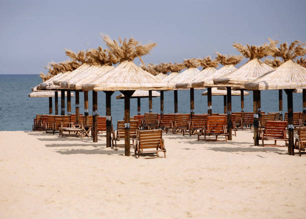istock Deserted beach. Sun beds on a white beach. Bulgaria. Gold sand 843164792