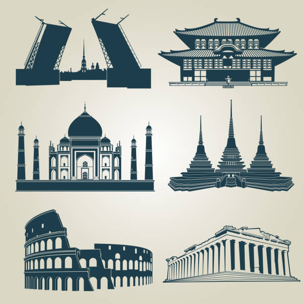 Vector silhouettes of world tourist attractions. Famous landmarks and destination symbols Vector silhouettes of world tourist attractions. Famous landmarks and destination symbols pantheon and taj mahal, coliseum and famous landmark illustration taj mahal vector stock illustrations