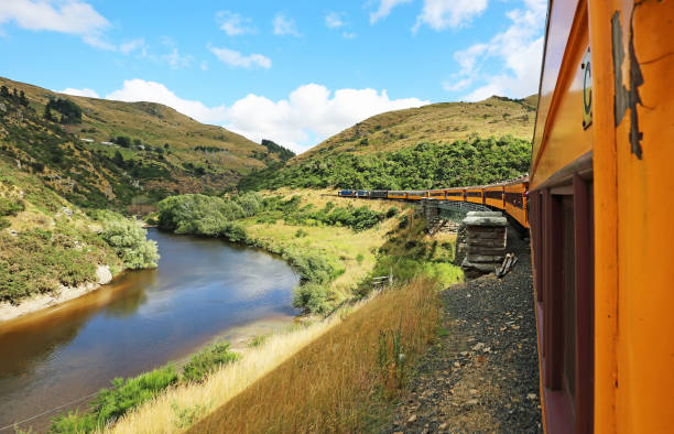 Taieri river and the train stock photo