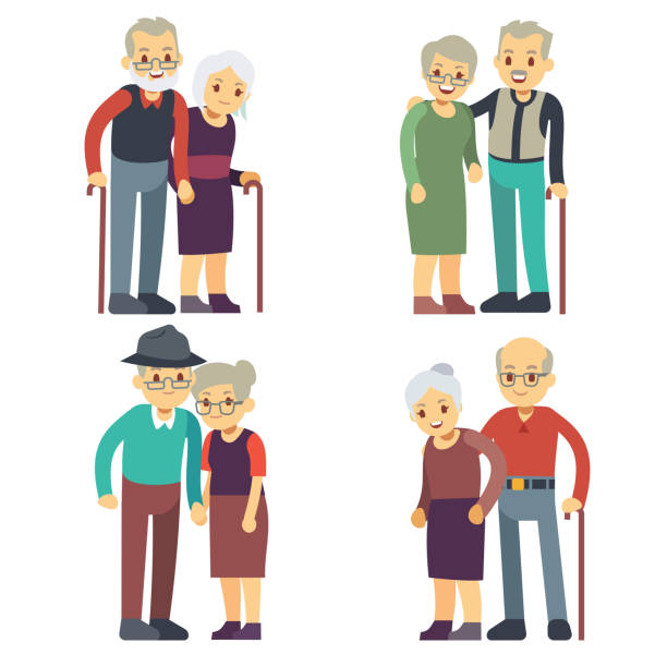 illustrazioni stock, clip art, cartoni animati e icone di tendenza di coppie anziane sorridenti e felici. set vettoriale personaggi animati famiglie anziane - senior adult senior couple grandparent retirement