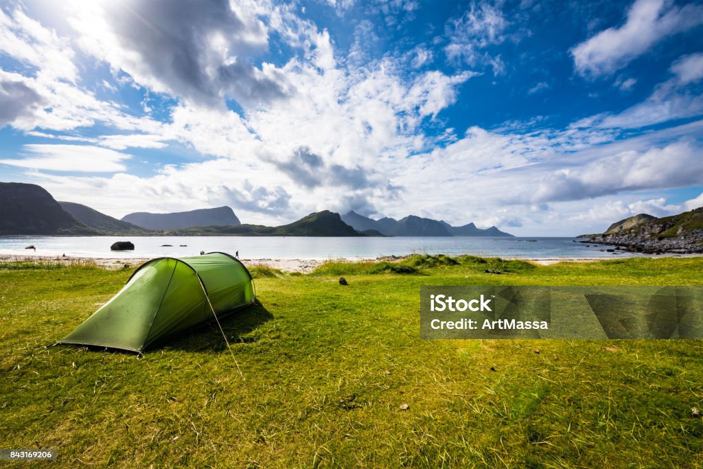 Norway, Lofoten Haukland Beach Landscape of Haukland Beach in Norway Tent Stock Photo