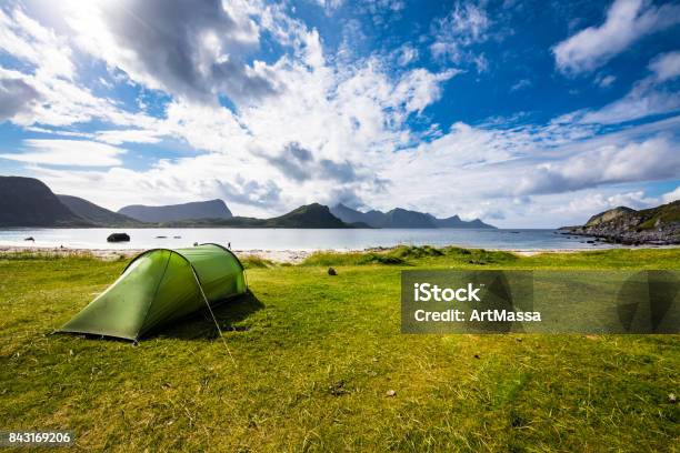 Norway Lofoten Haukland Beach Stock Photo - Download Image Now - Tent, Landscape - Scenery, No People