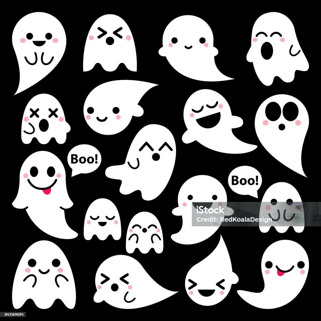 Vector lindo fantasmas los iconos sobre fondo negro, colección de fantasma Halloween diseño conjunto, Kawaii - arte vectorial de Fantasma libre de derechos
