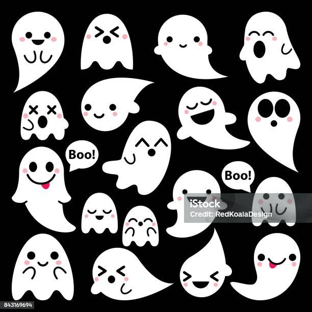 Ilustración de Vector Lindo Fantasmas Los Iconos Sobre Fondo Negro Colección De Fantasma Halloween Diseño Conjunto Kawaii y más Vectores Libres de Derechos de Fantasma