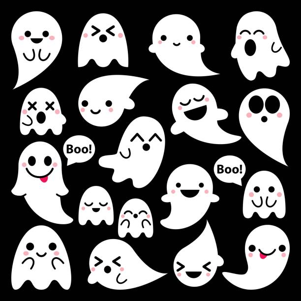 ilustrações, clipart, desenhos animados e ícones de vector bonito fantasmas ícones sobre fundo preto, coleção de fantasma do halloween projeto definida, kawaii - black background illustrations