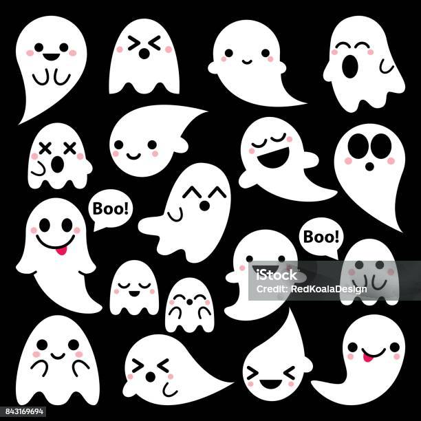 Cute Vector Ghosts Icons On Black Background Halloween Design Set Kawaii Ghost Collection Stock Illustration - Download Image Now