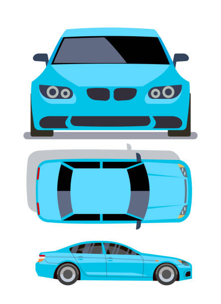 wektorowe samochody w płaskim stylu w różnych widokach. niebieski sedan - car driving front view cartoon stock illustrations